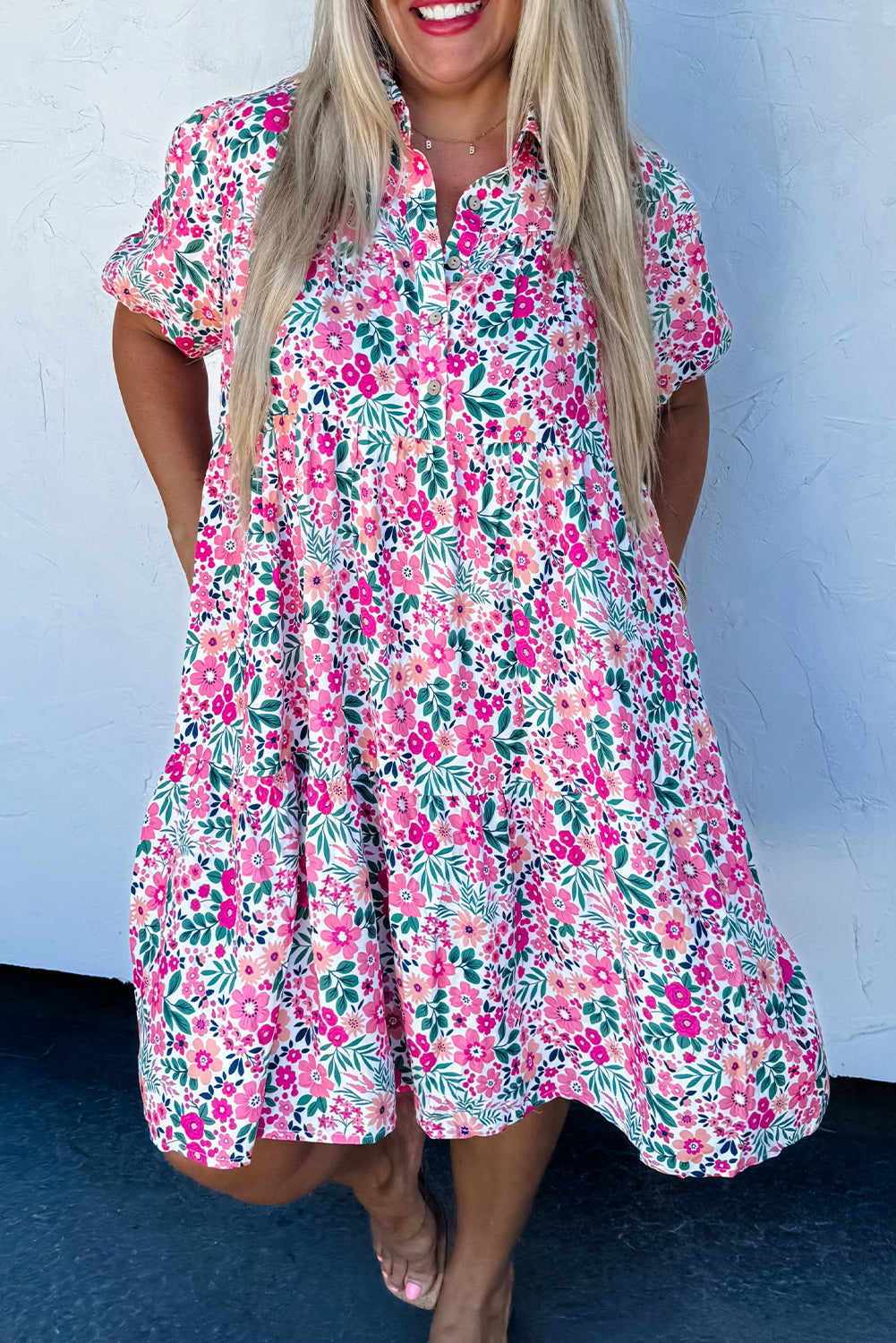 Pink Plus Size Floral Half Button Puff Sleeve A Line Dress