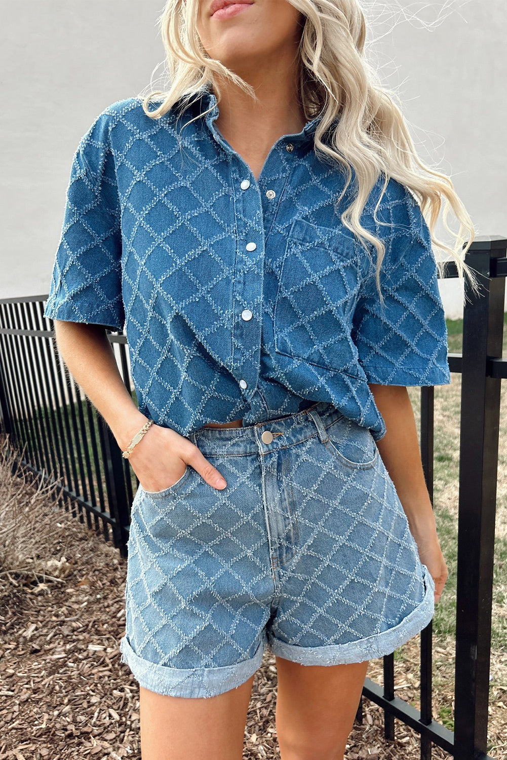 Dusk Blue Checkered Textured Short Sleeve Pocket Denim Shirt