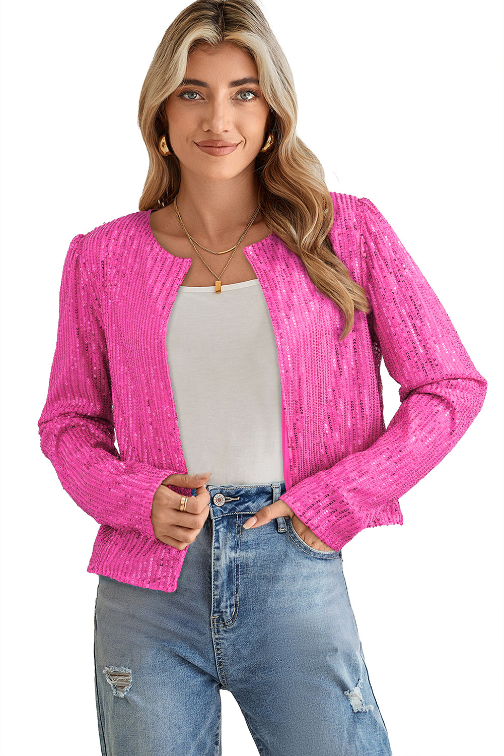 Bright Pink Sequin Round Neck Short Casual Jacket