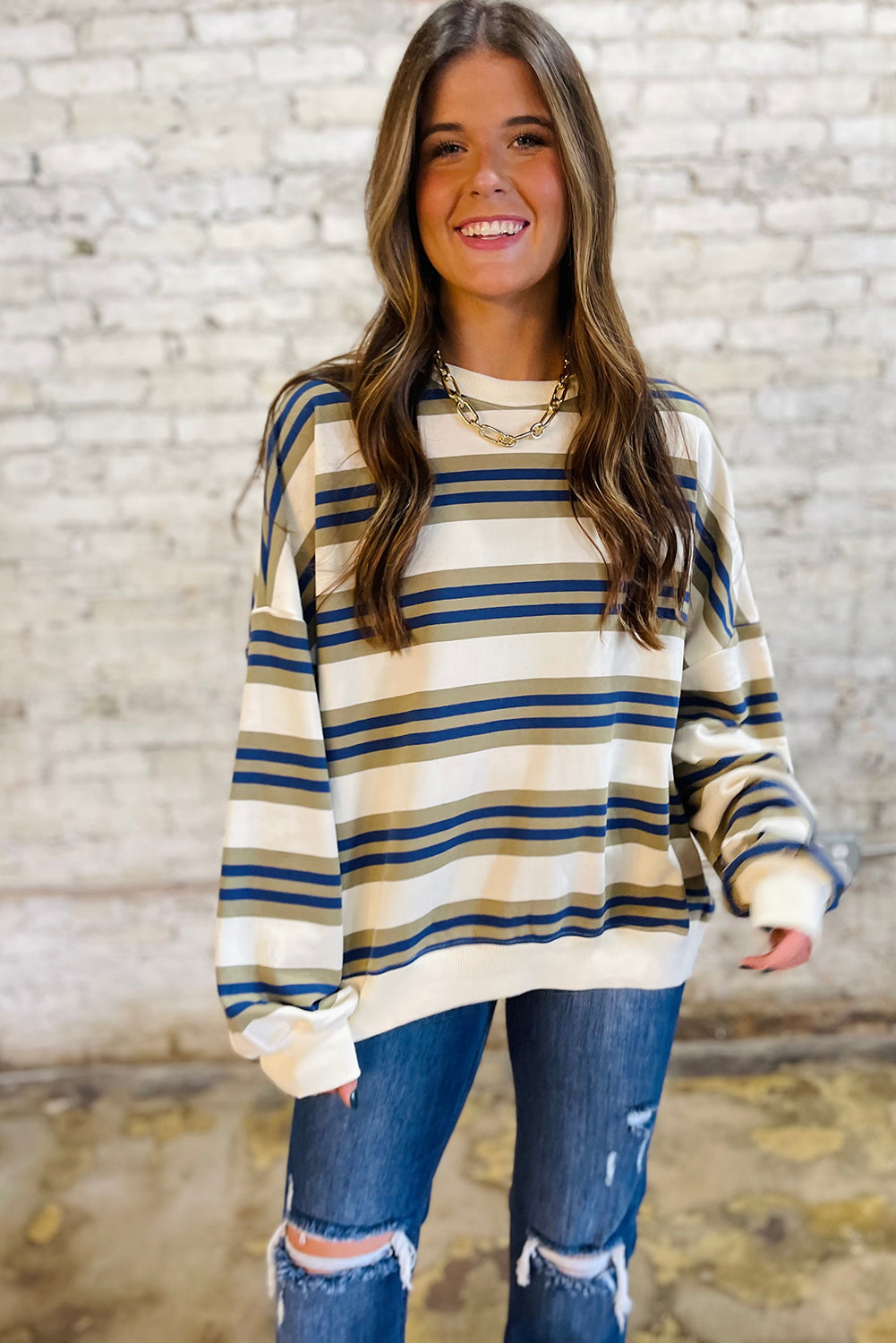 Khaki Striped Crew Neck Drop Shoulder Pullover Sweatshirt