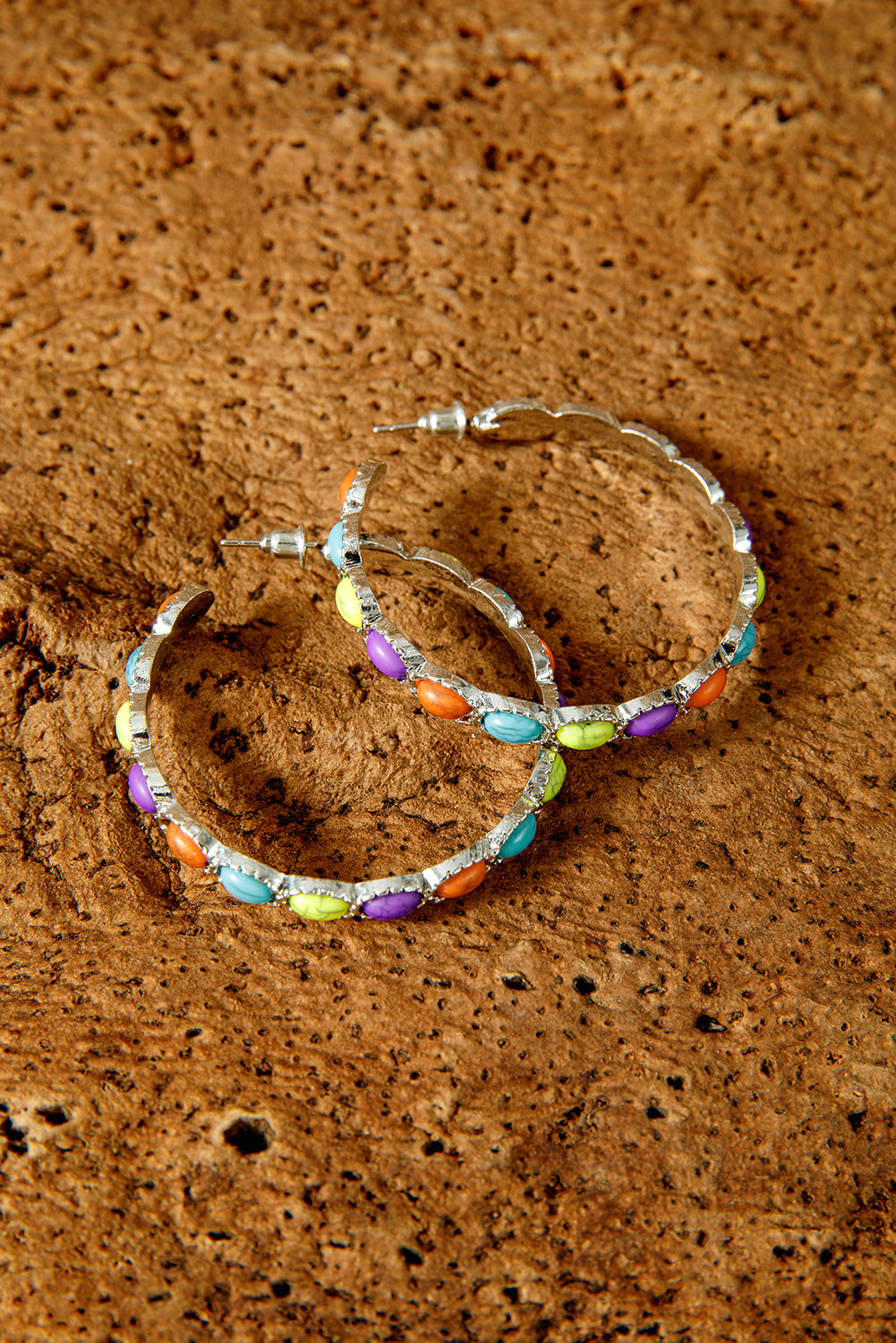 Silvery Boho Turquoise Beaded Hoop Earrings