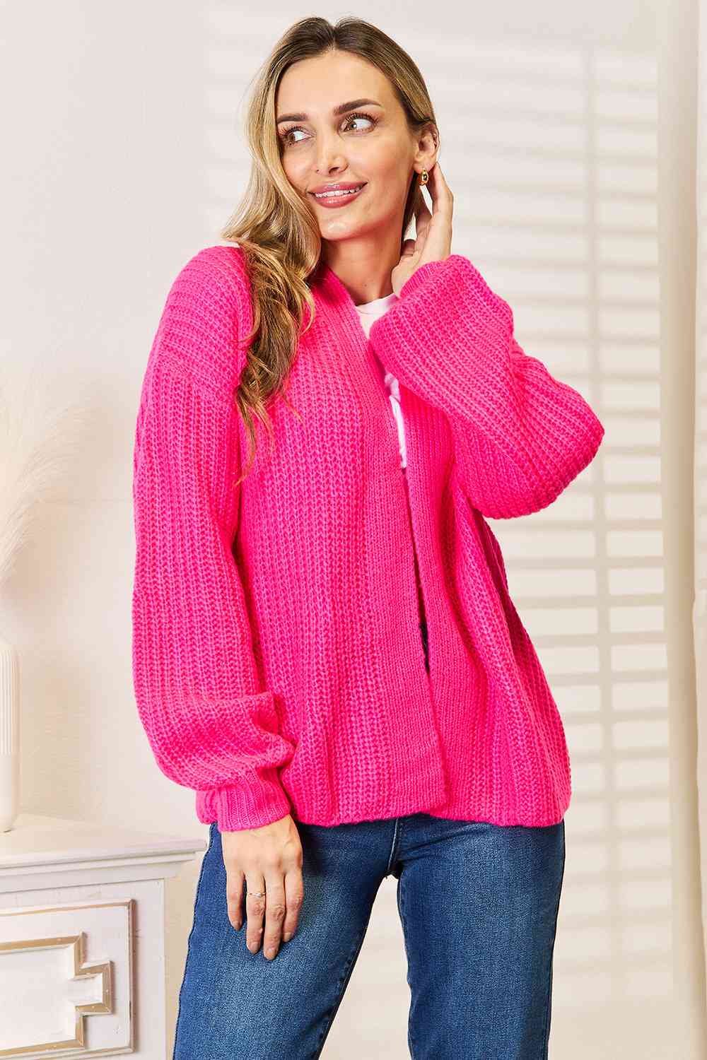 Woven Right Rib-Knit Open Front Drop Shoulder Cardigan-2