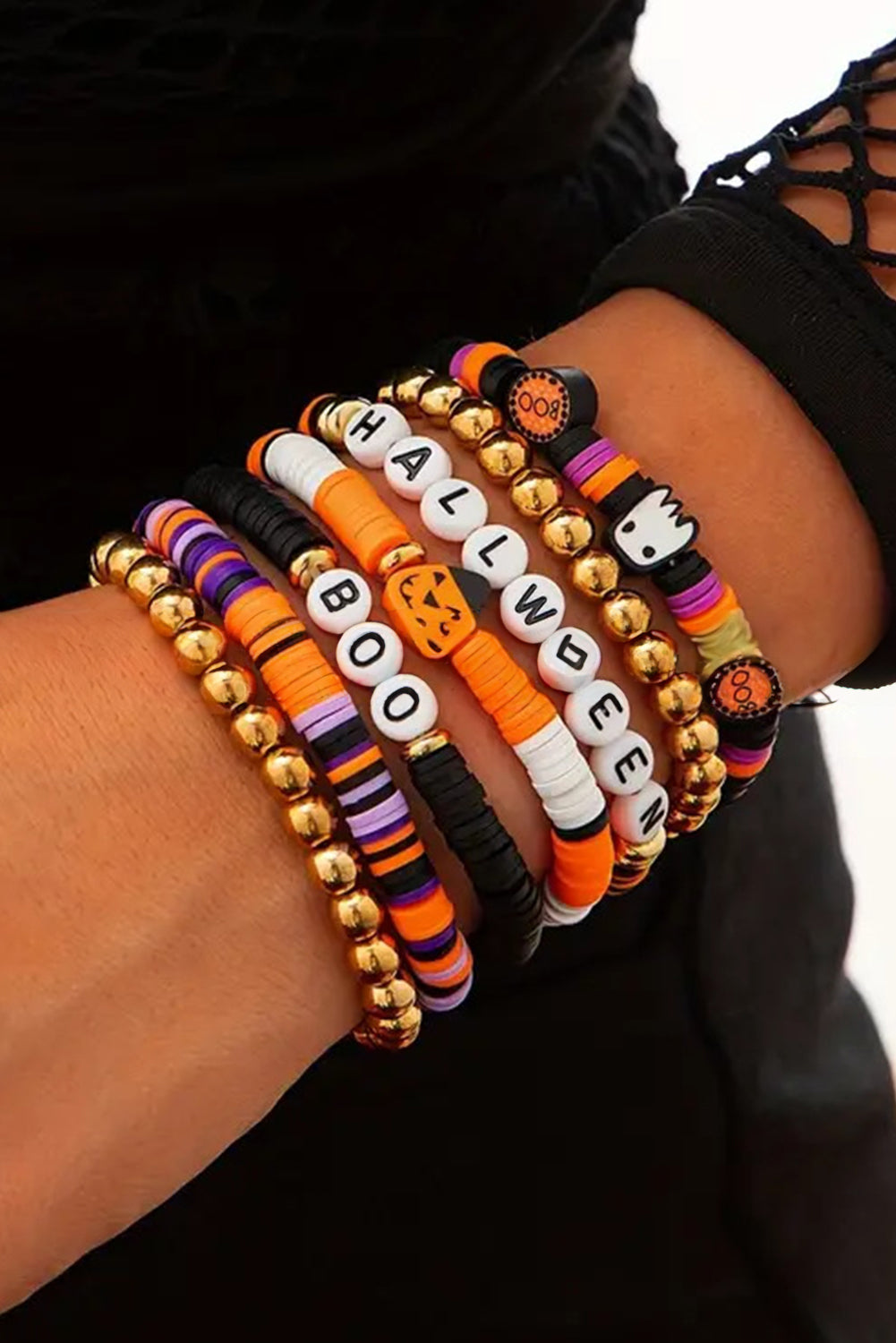 Russet Orange Playful 7pcs Halloween Beaded Bracelet Set