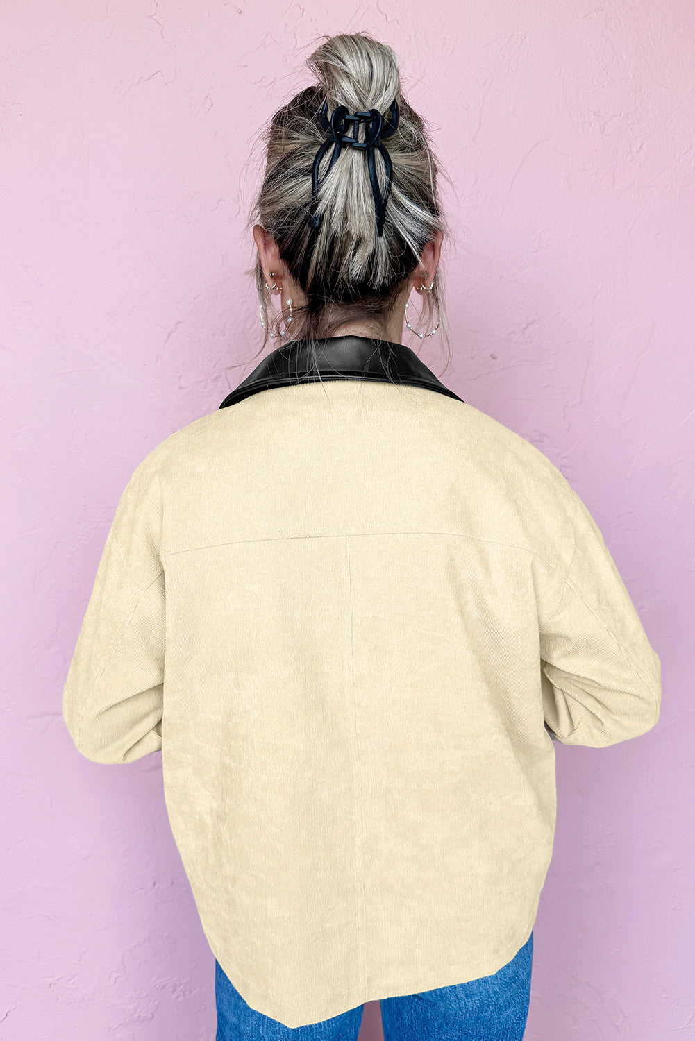 Parchment Contrast Leather Collar Textured Zip Up Jacket