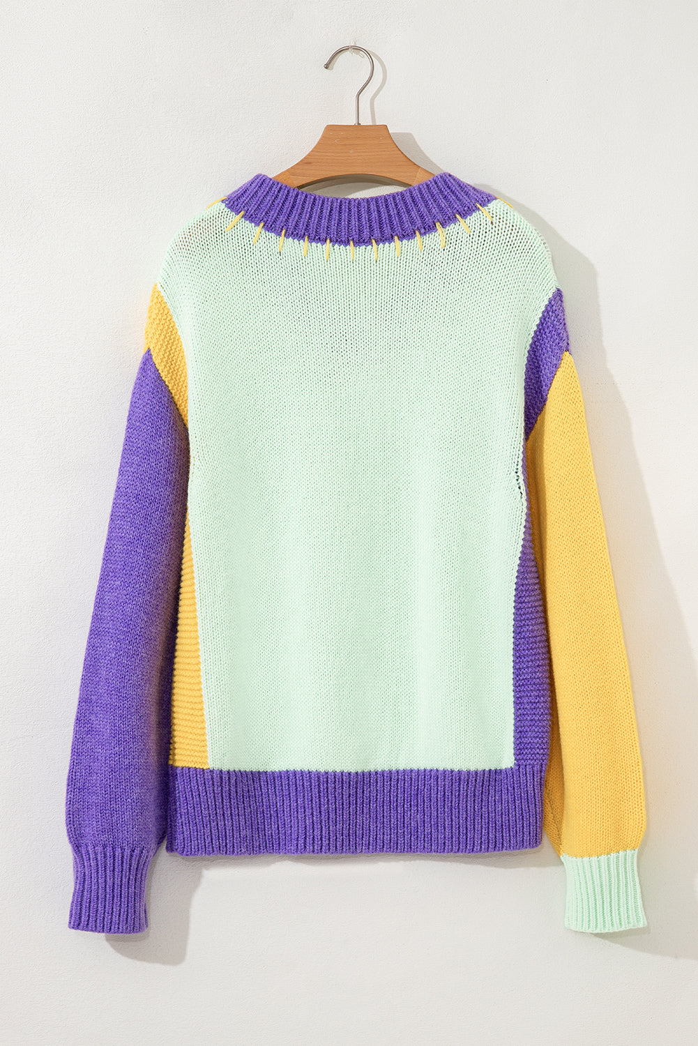 Green Stitched V Neck Colorblock Knitted Drop Shoulder Sweater