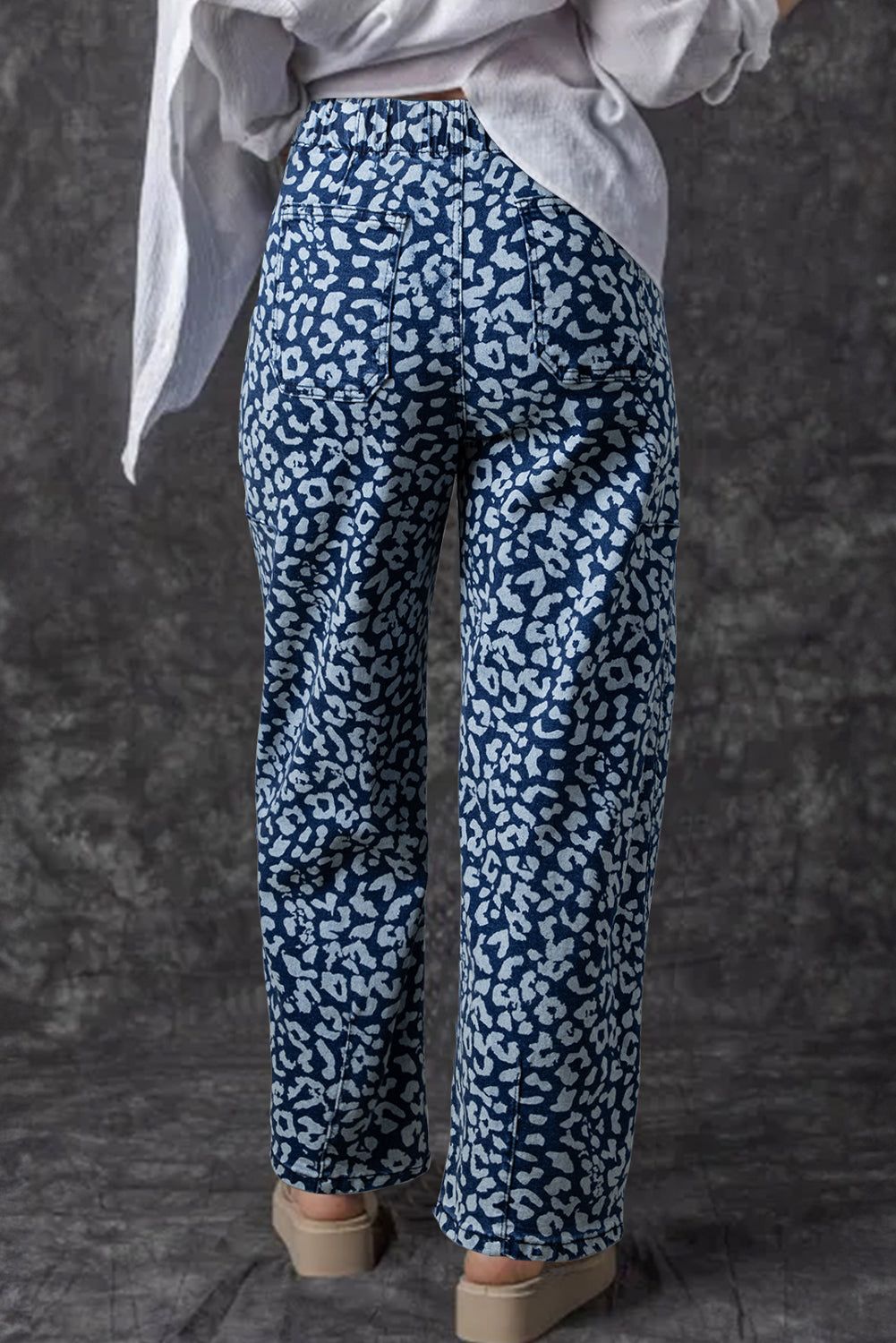 Blue Leopard Print Drawstring Waist Pocketed Wide Leg Jeans