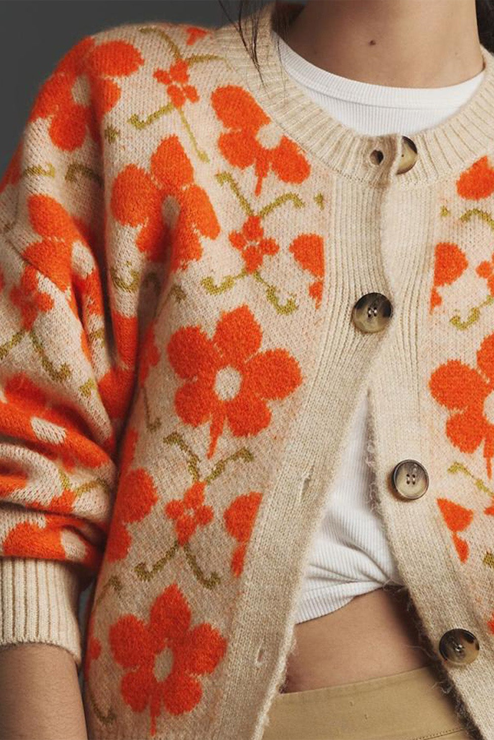 Orange Floral Button Round Neck Knit Cardigan