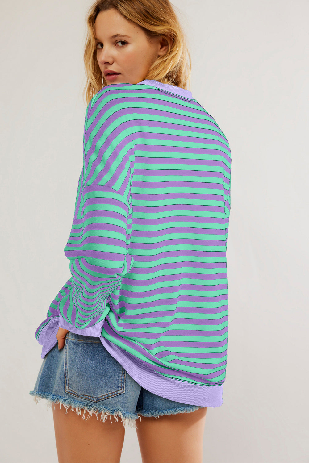 Blue Striped Contrast Trim Drop Shoulder Sweatshirt