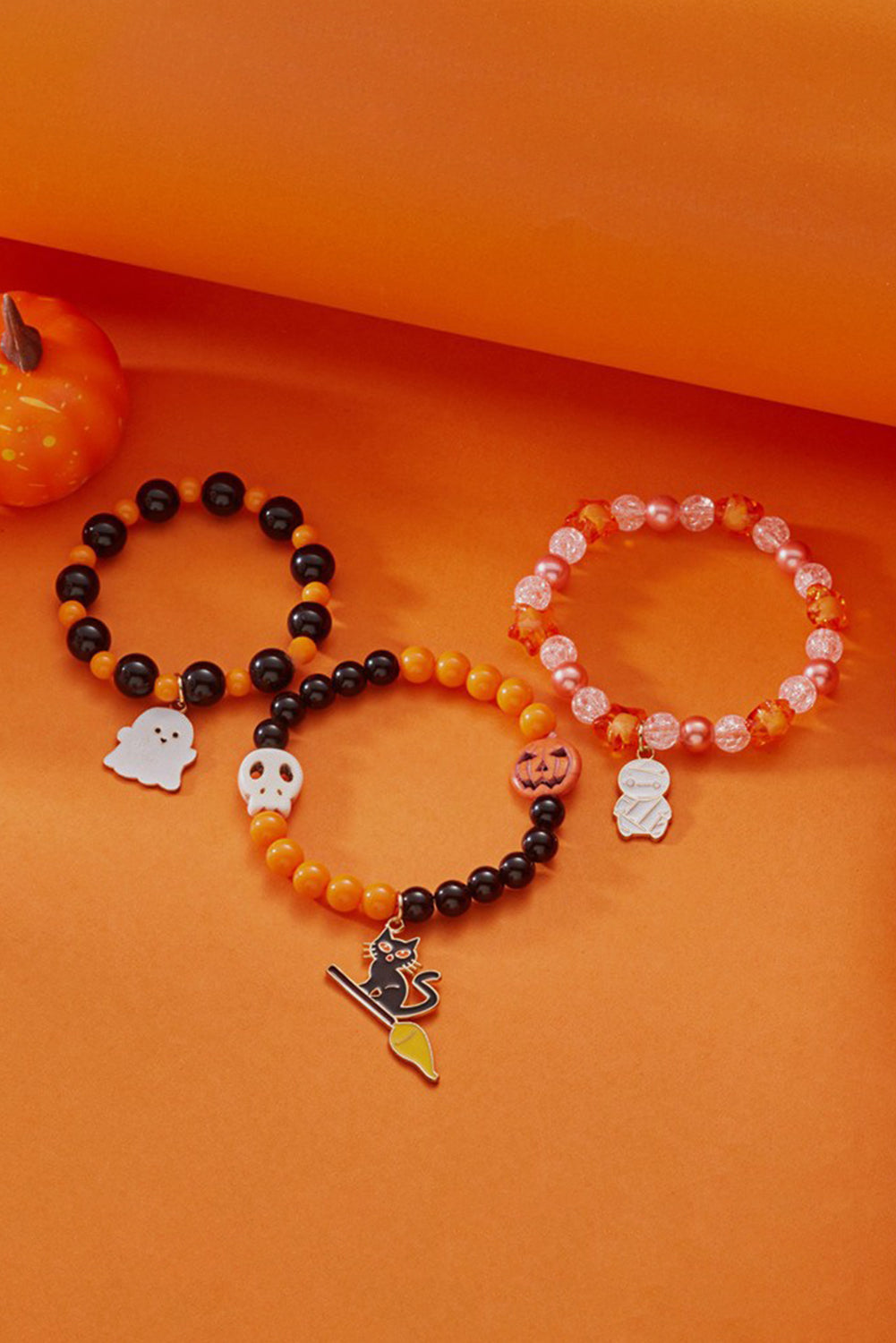 Orange 3pcs Halloween Pendent Elastic Beaded Bracelet Set