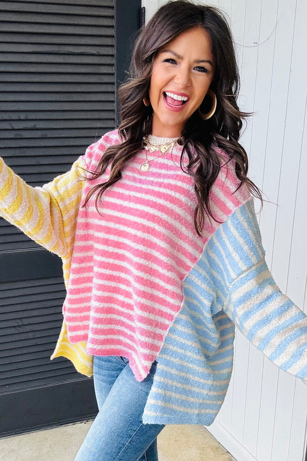 Multicolour Colorblock Striped Patchwork Dolman Sleeve Slit Sweater