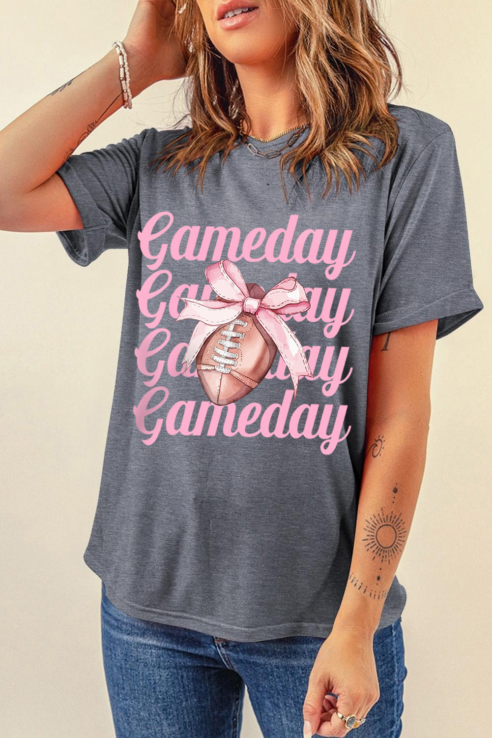 Gray Game Day Bowknot Football Graphic Casual Tee