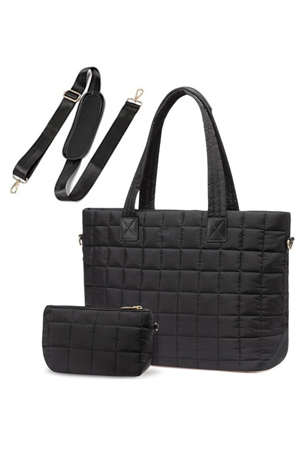 Black Quilted Patchwork Large Tote Bag and Clutch 2pcs Set