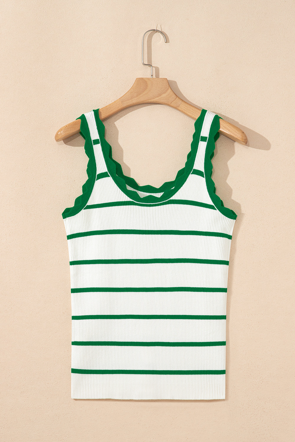 Bright Green Scalloped Edge Striped Ribbed Tank Top