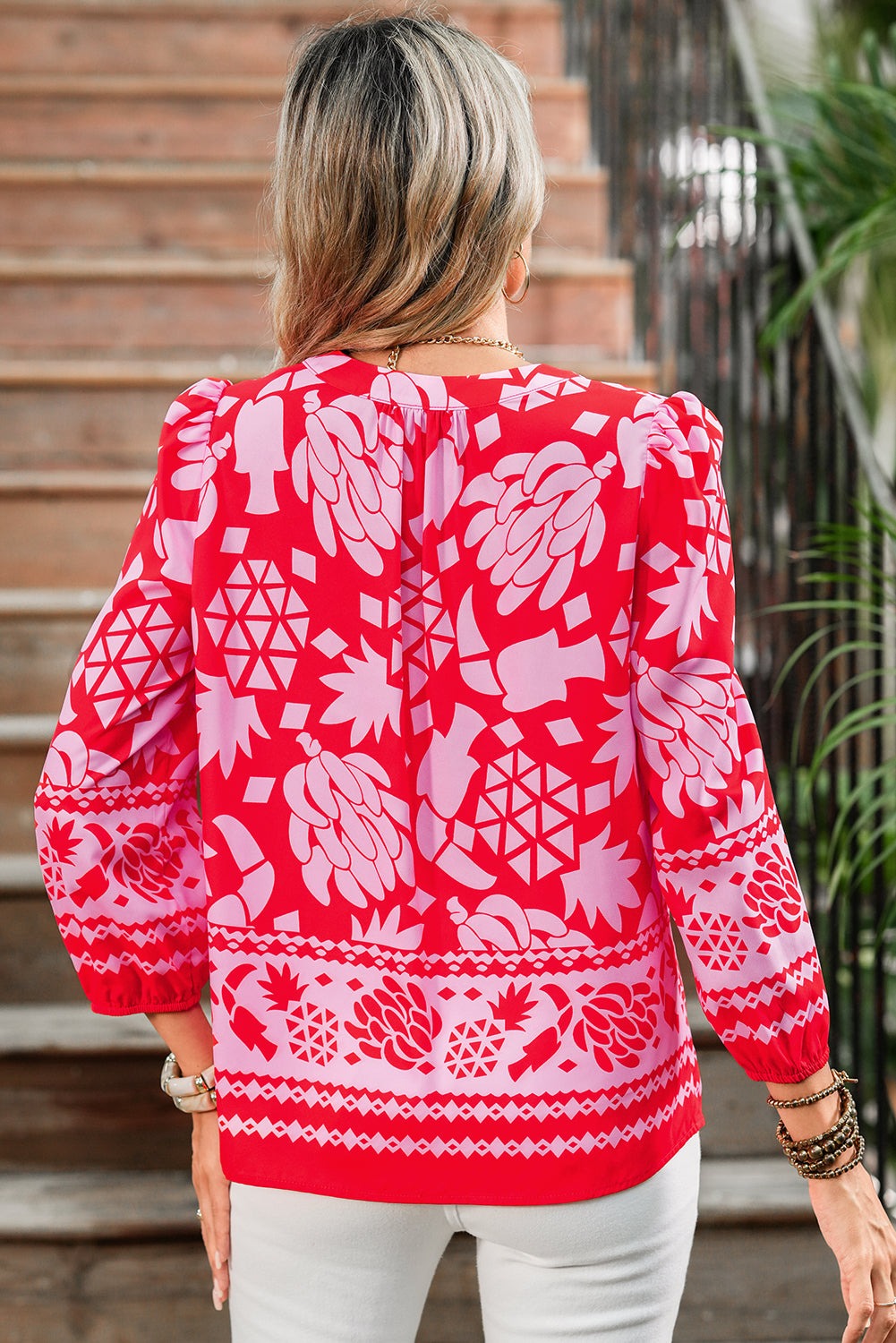 Strawberry Pink Floral Print Tie V Neck Blouse