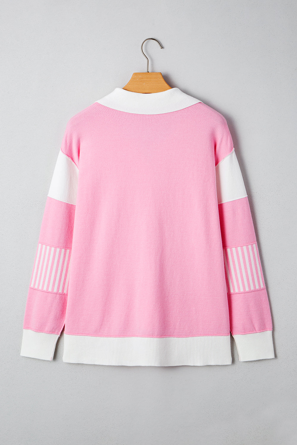 Pink Striped V Neck Collared Colorblock Patchwork Sweater