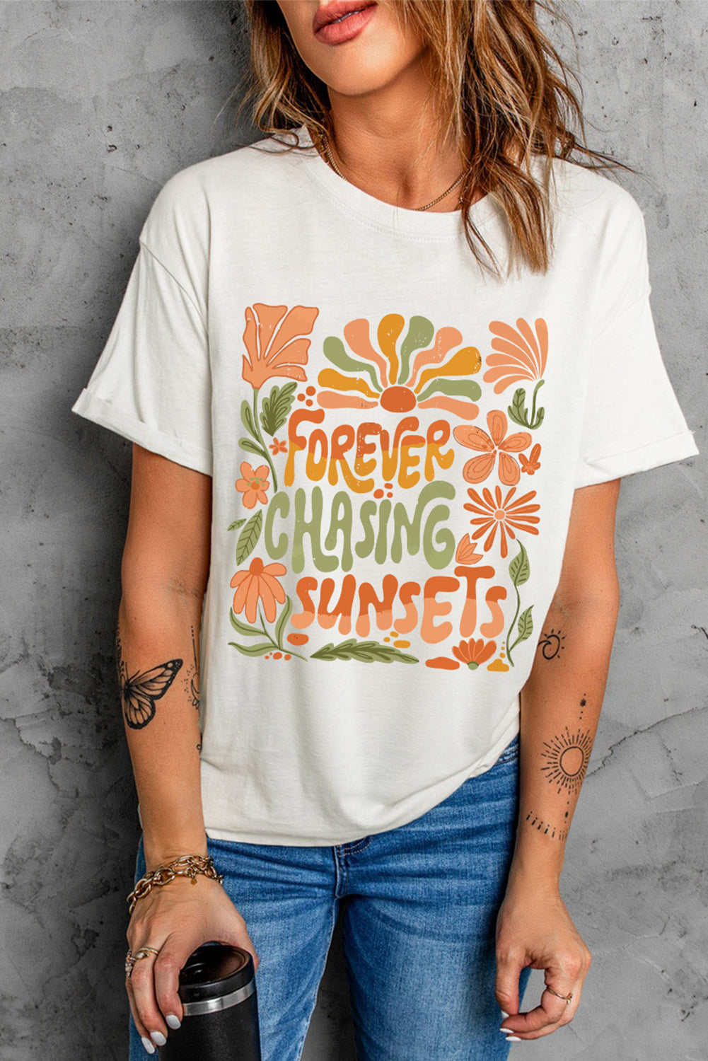 White FOREVER CHASING SUNSETS Floral Print T Shirt