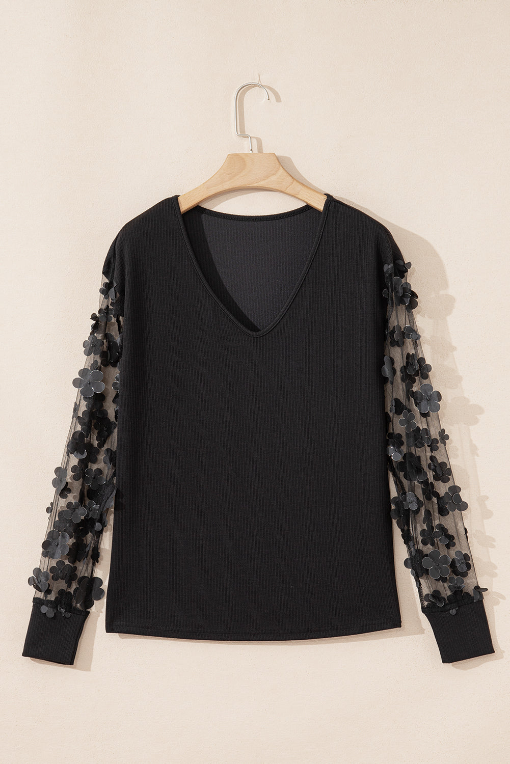 Black Flower Applique Mesh Long Sleeve V Neck Top