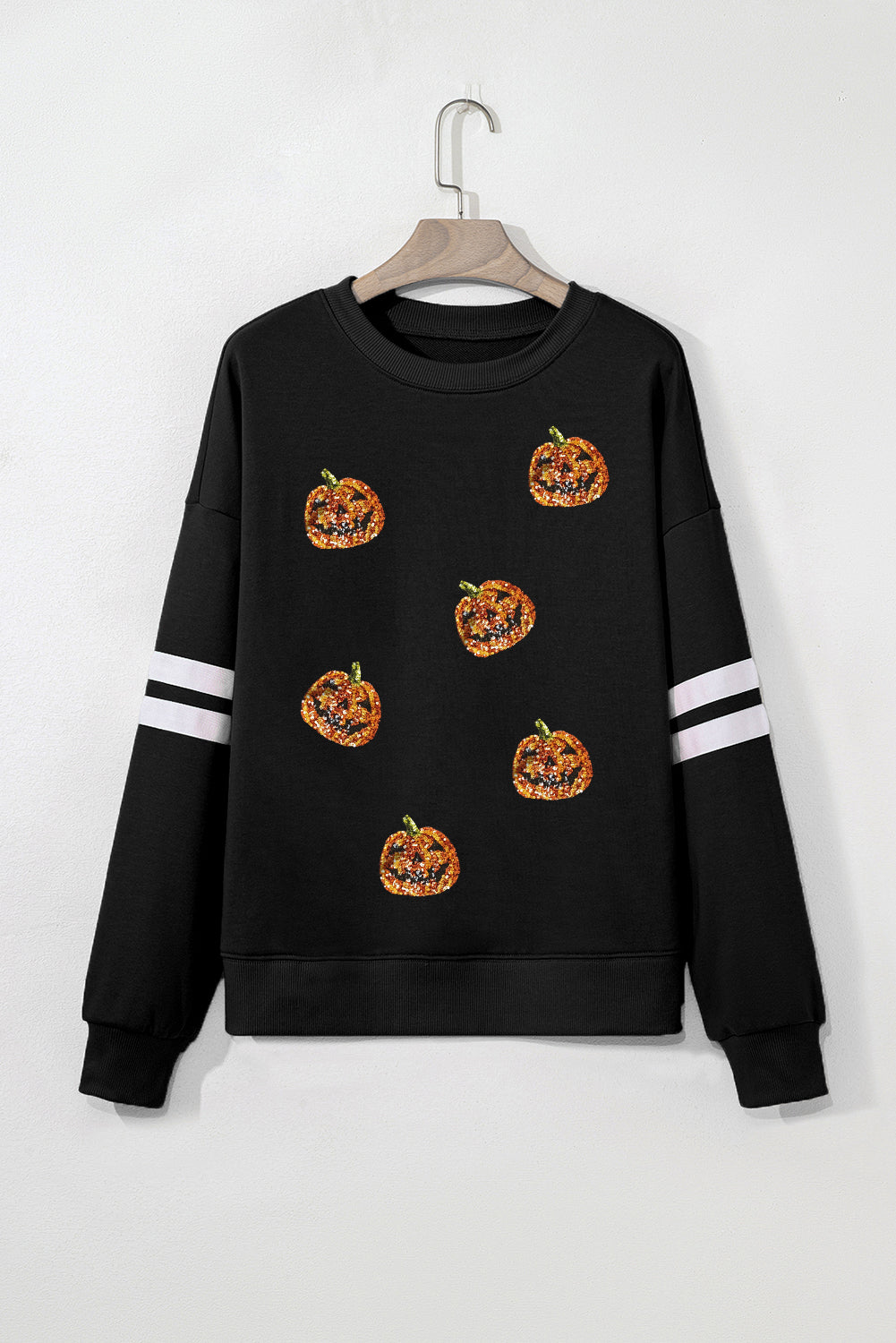 Black Halloween Pumpkin Sequin Patched Oversize Varsity Sweatshirt