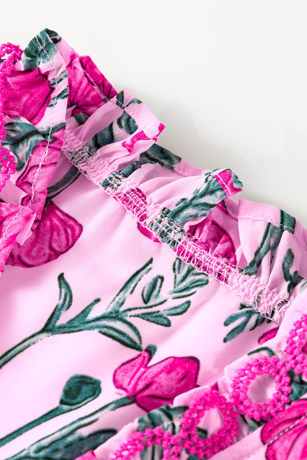 Pink Floral Print Lace Detail Frill V Neck Blouse