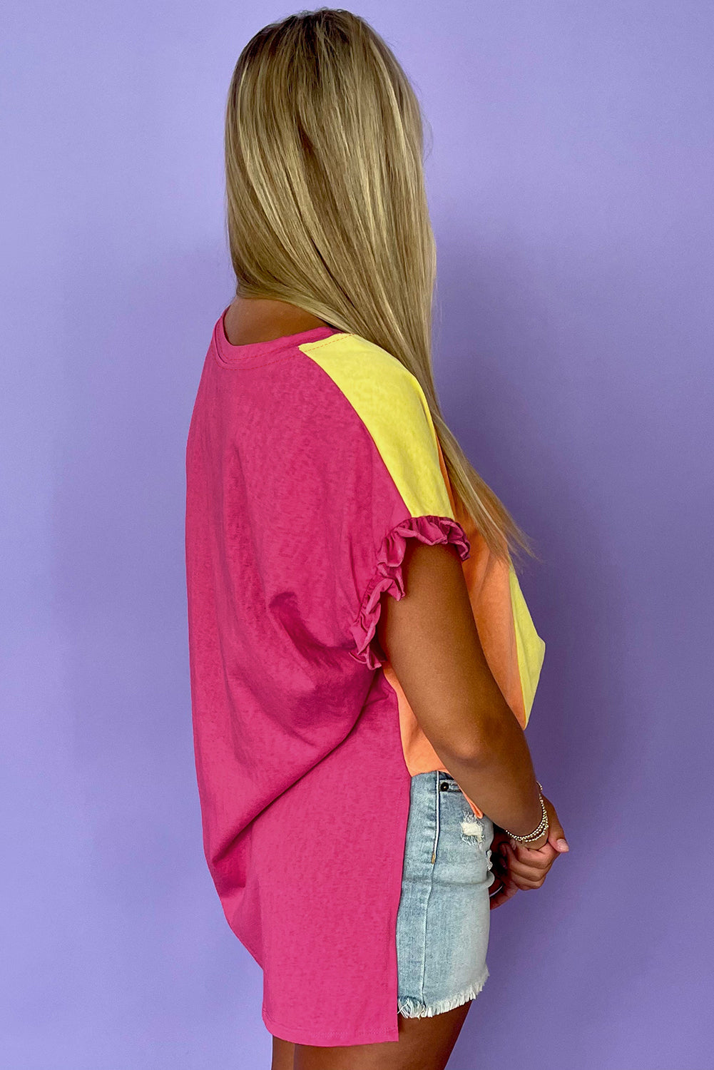 Rose Red Colorblock Ruffle Sleeve Loose Fit T Shirt