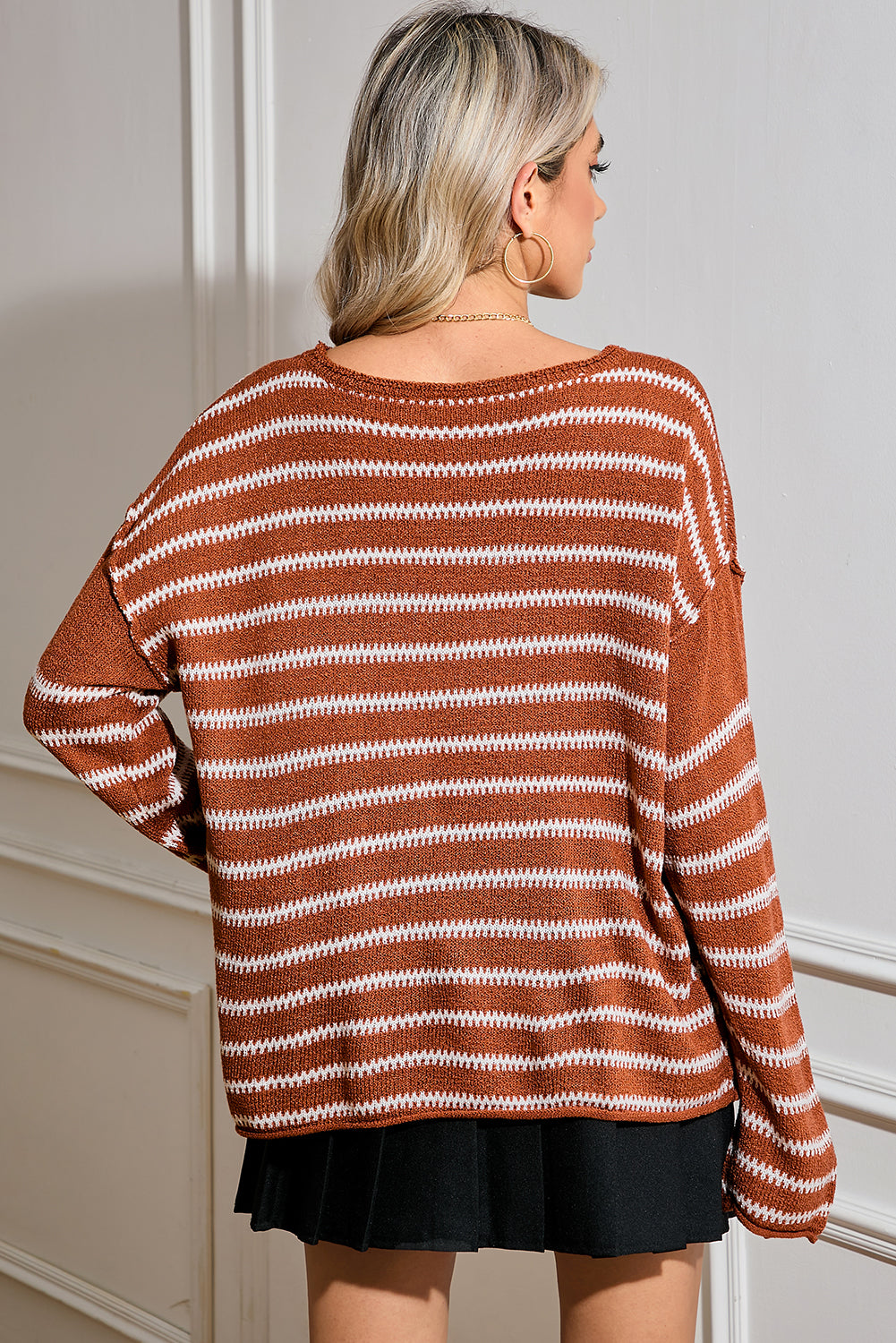 Brown Stripe Casual Round Neck Drop Shoulder Sweater