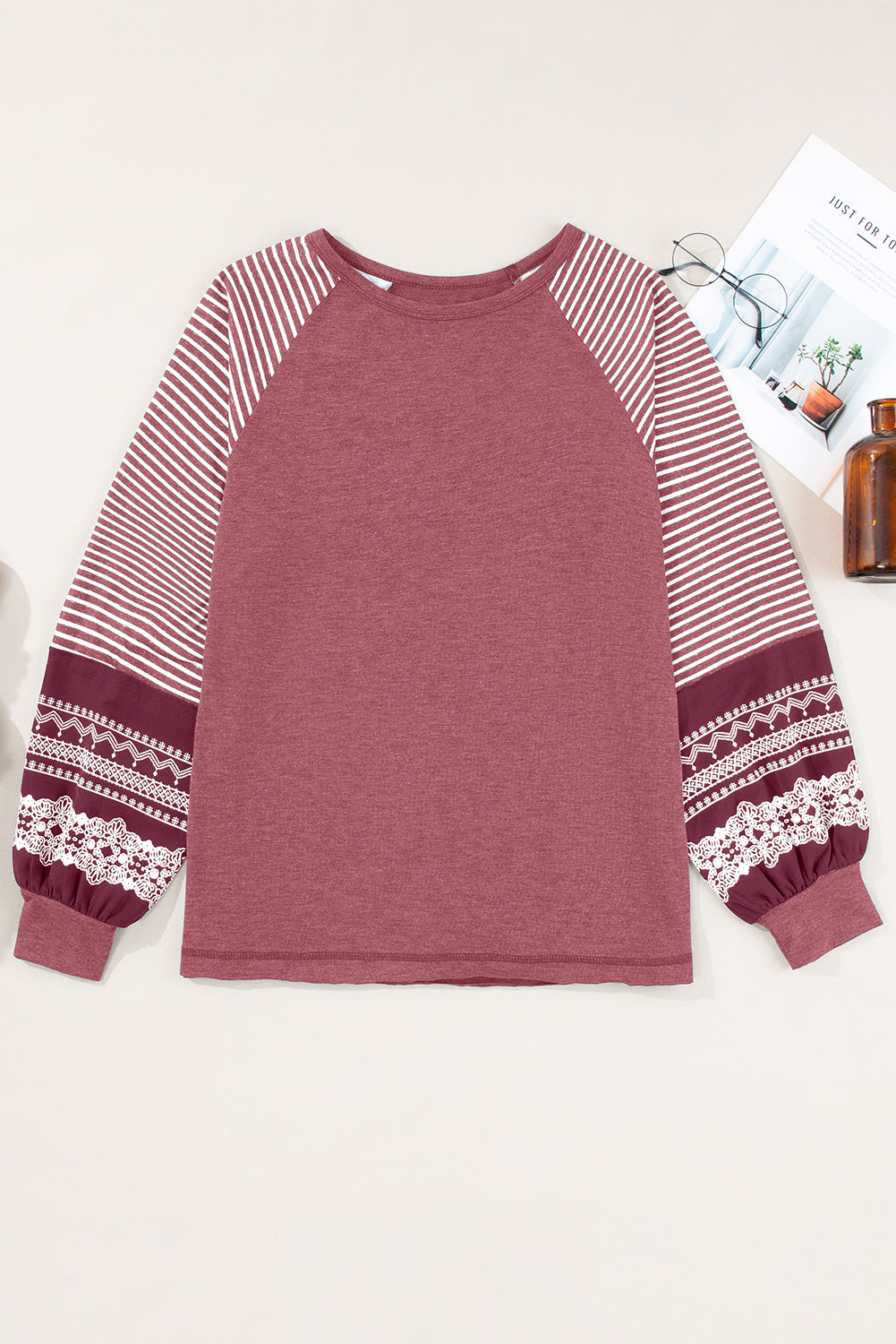 Mineral Red Contrast Print Striped Raglan Long Sleeve Loose Top