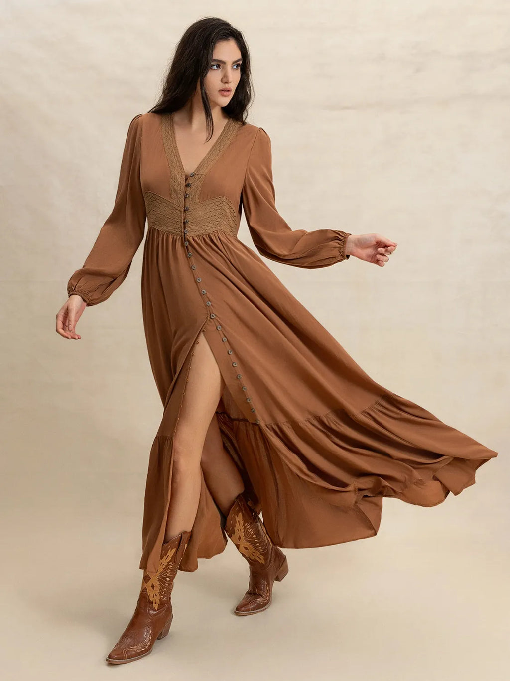 Ruffled Hem V-Neck Balloon Sleeve Maxi Dress