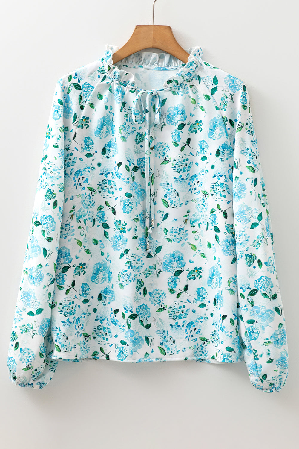 Sky Blue Boho Floral Print Long Sleeve V Neck Blouse