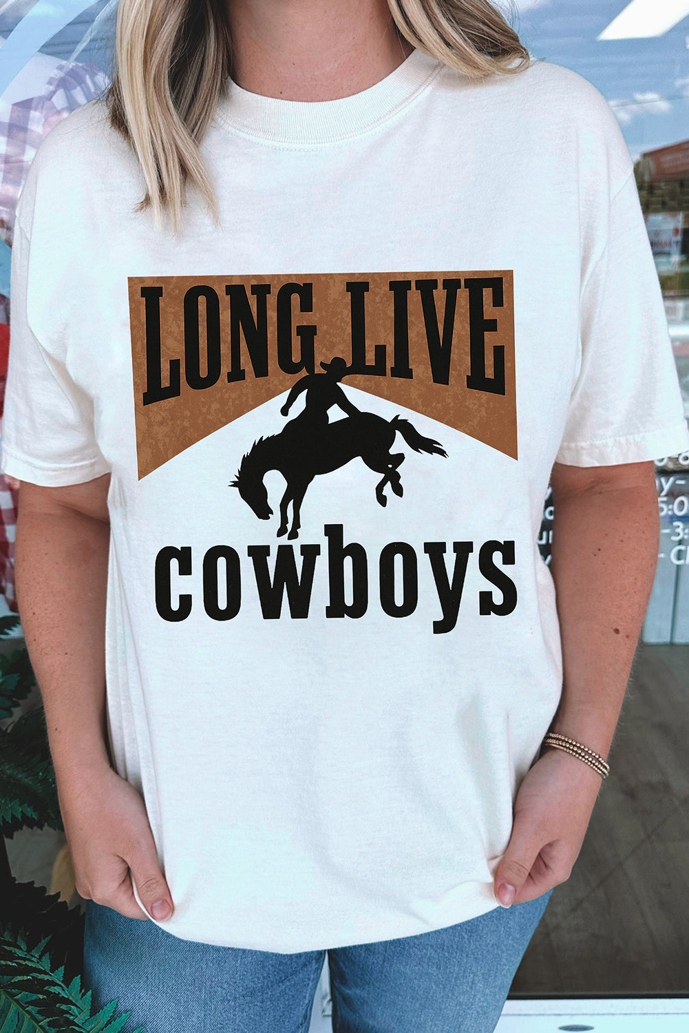 White LONG LIVE Cowboys Western Graphic Loose Tee