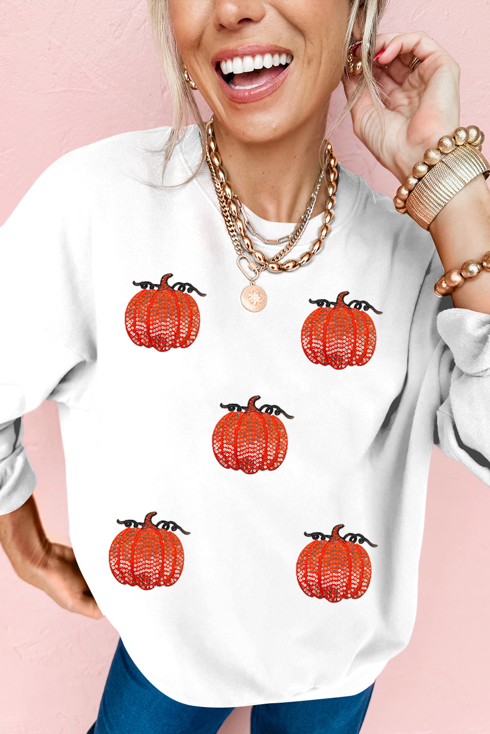 White Sequin Pumpkin Patched Drop Shoulder Sweatshirt