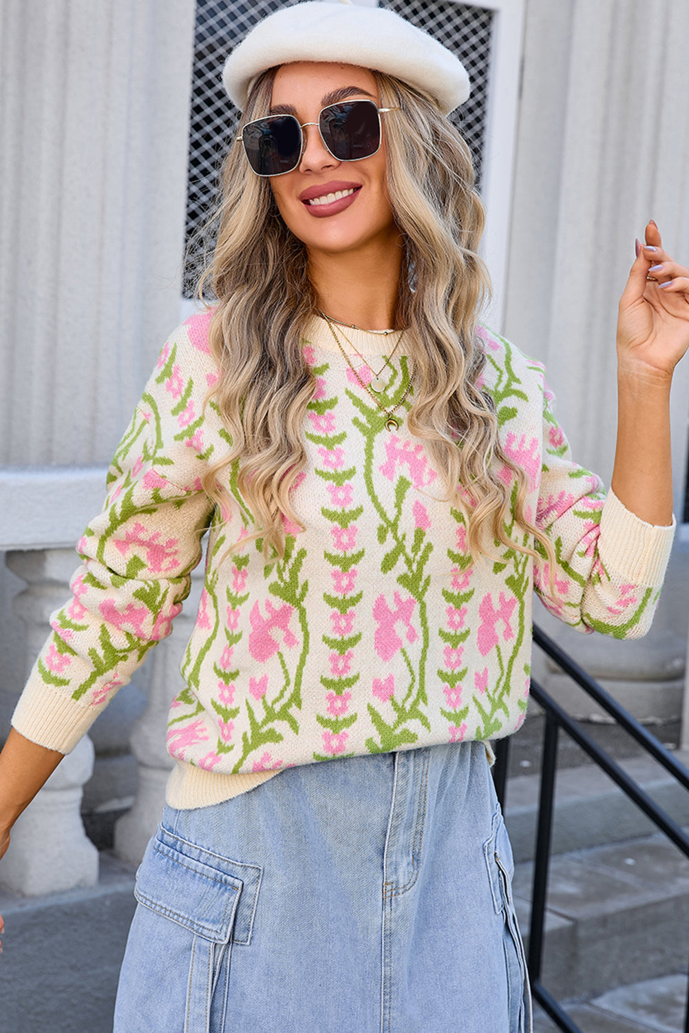 Beige Boho Floral Print Round Neck Sweater