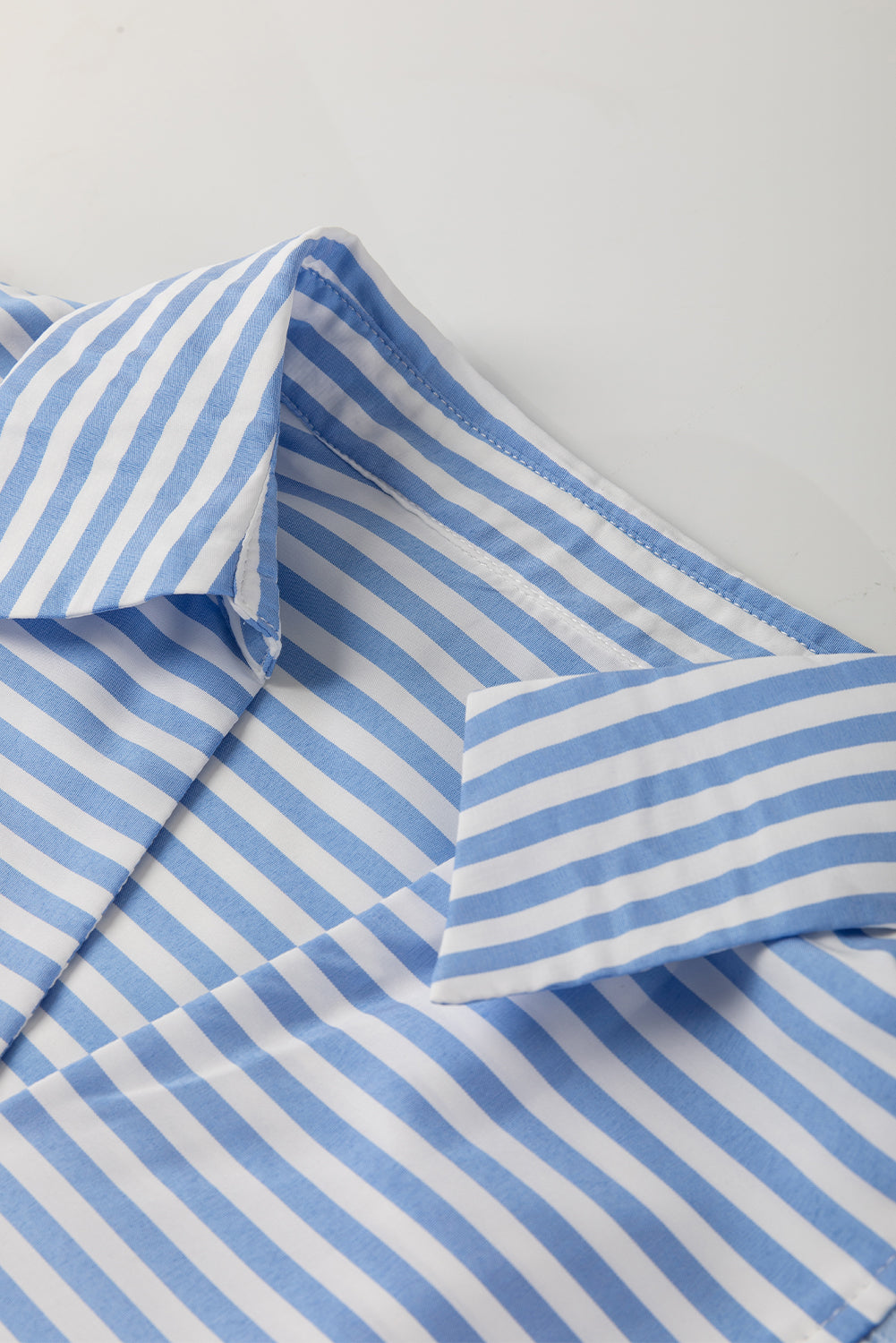 Sky Blue Striped Ric Rac Trim Collared V Neck Blouse