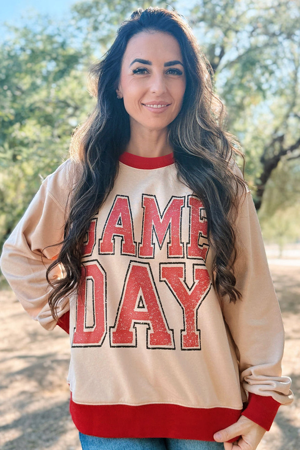 Oatmeal GAME DAY Letter Contrast Trim Baggy Sweatshirt