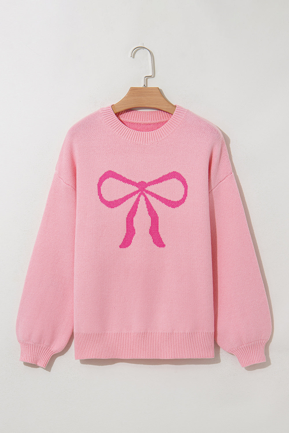 Pink Bow Round Neck Pullover Sweater
