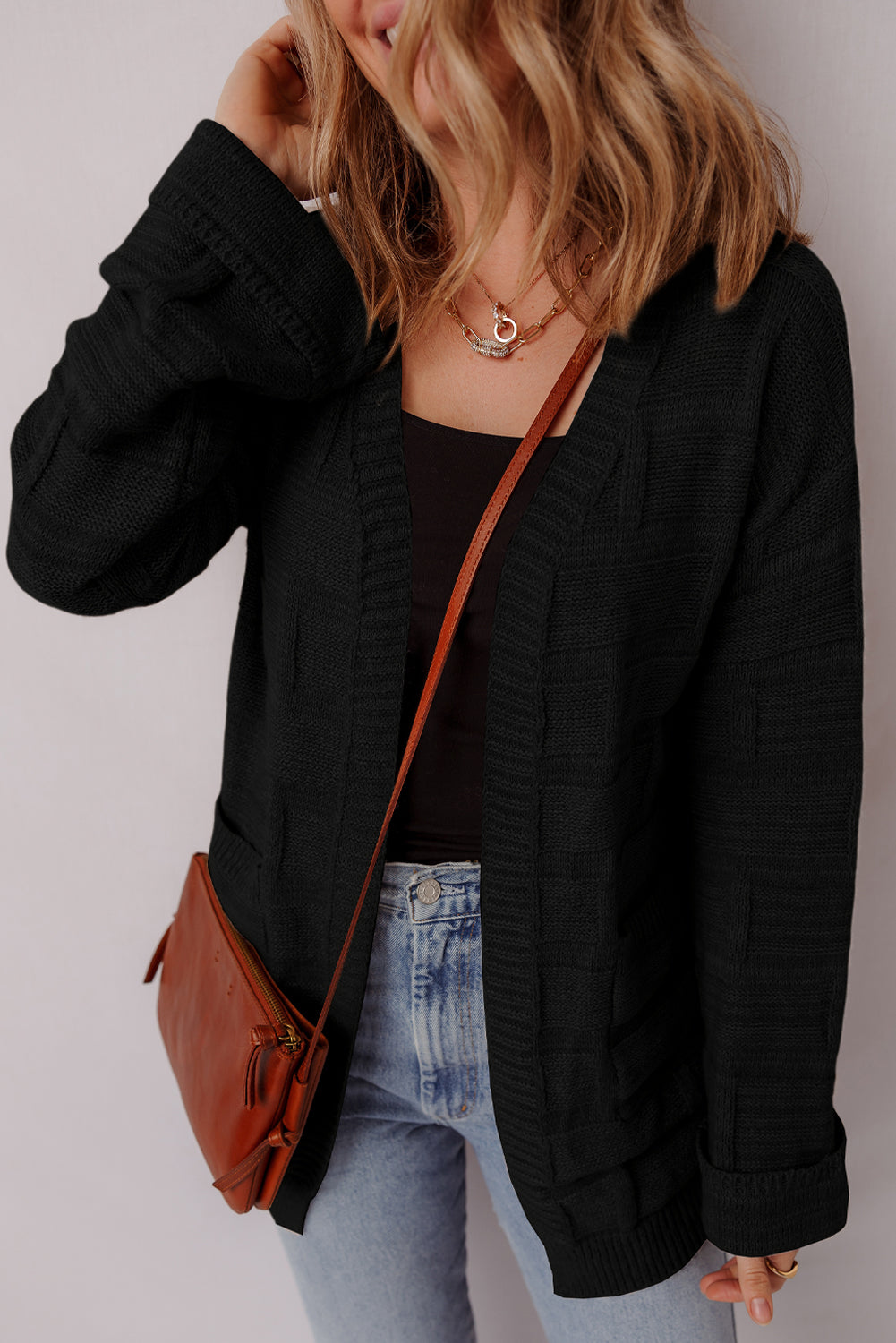 Black Solid Color Pocket Open Front Cardigan