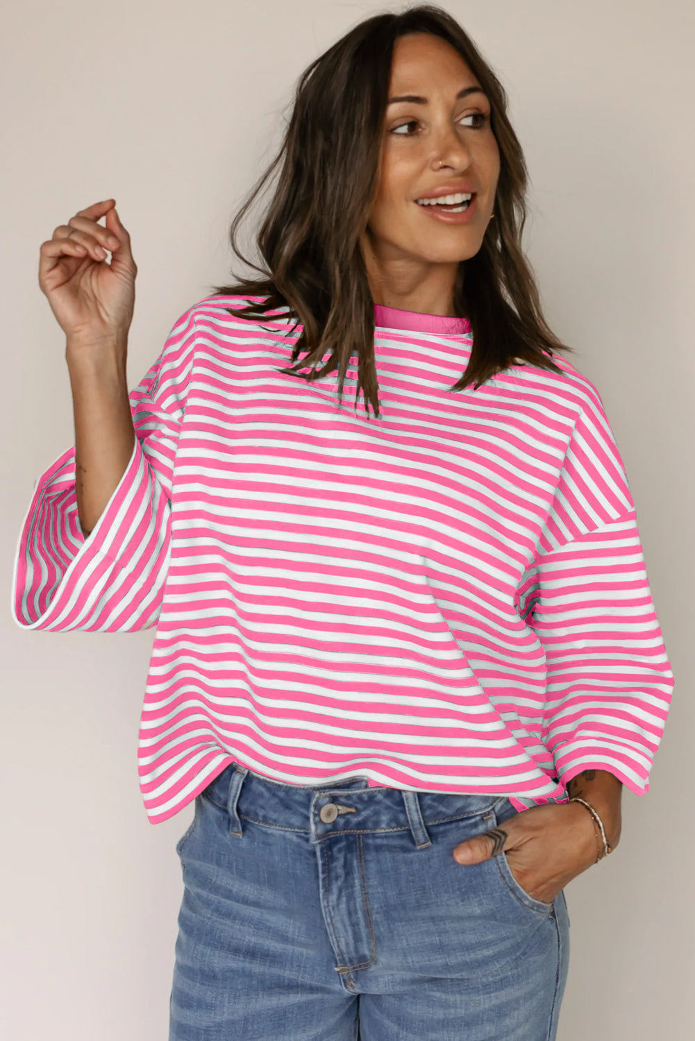 Pink Striped Bowknot Backless Drop Sleeve T-Shirt