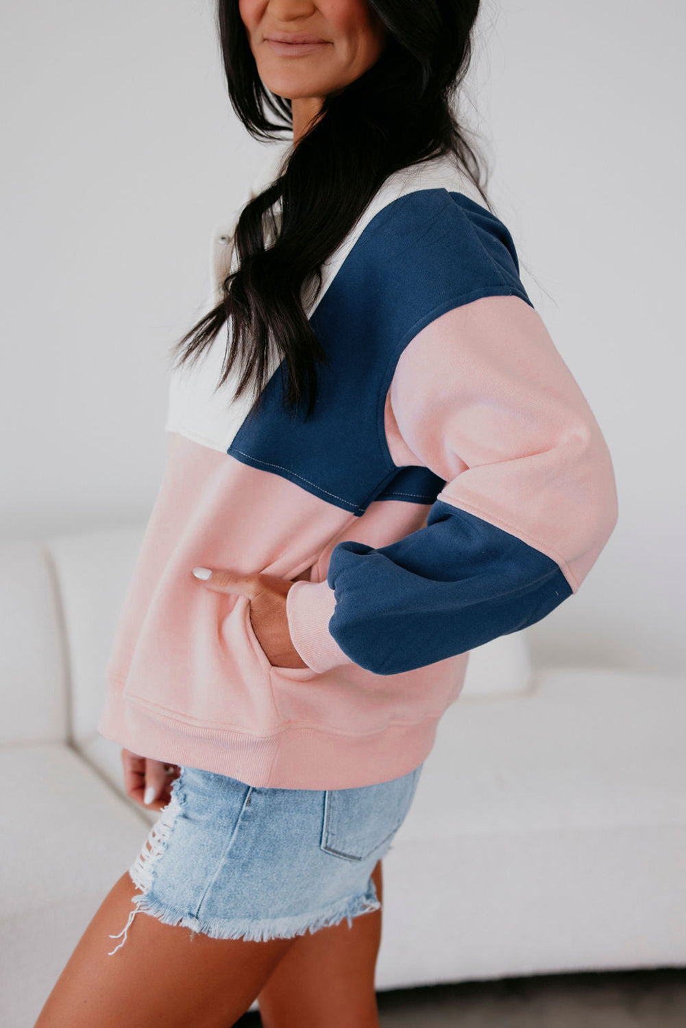 Pink Colorblock Patchwork Half Button Baggy Sweatshirt