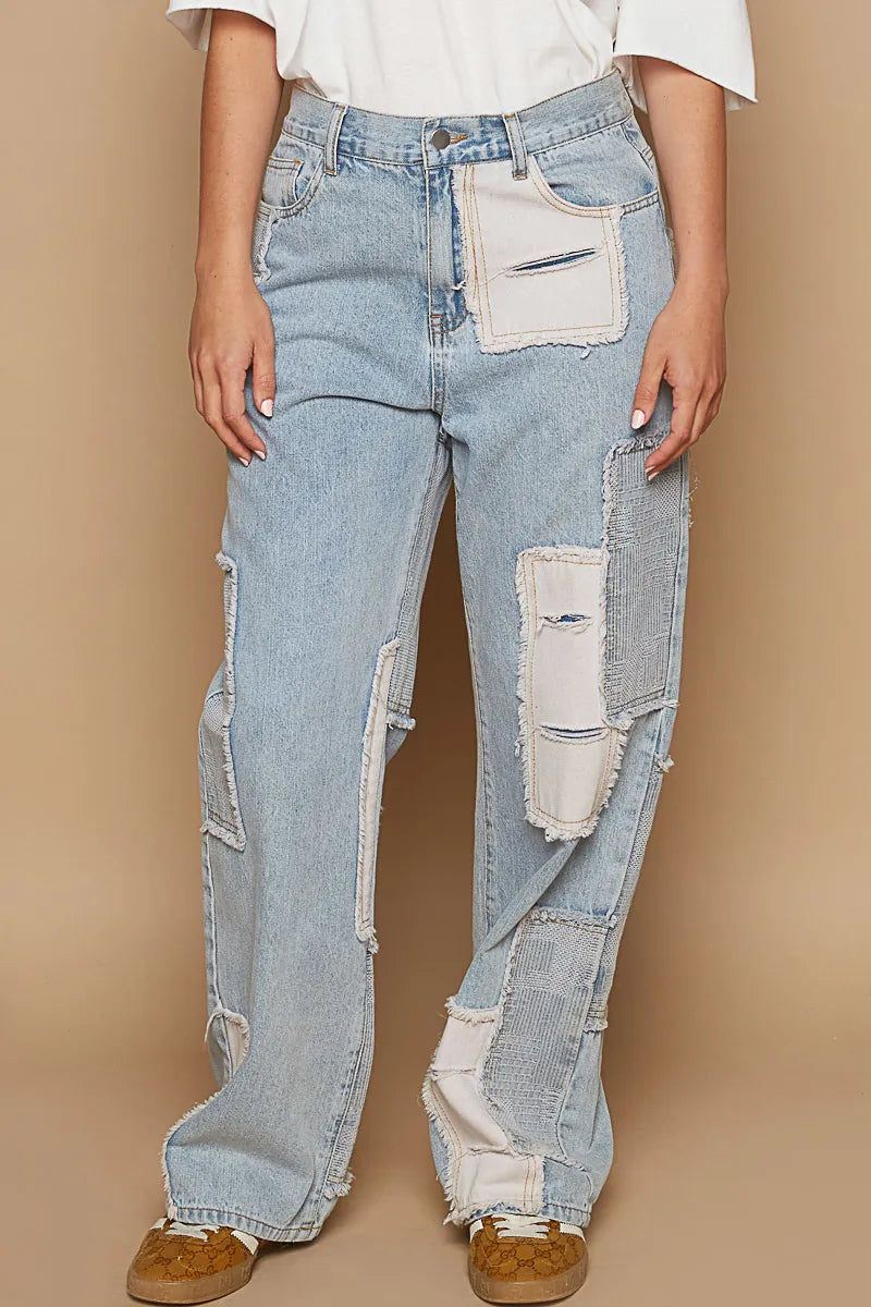 Contrast Patched Raw Hem Straight Jeans