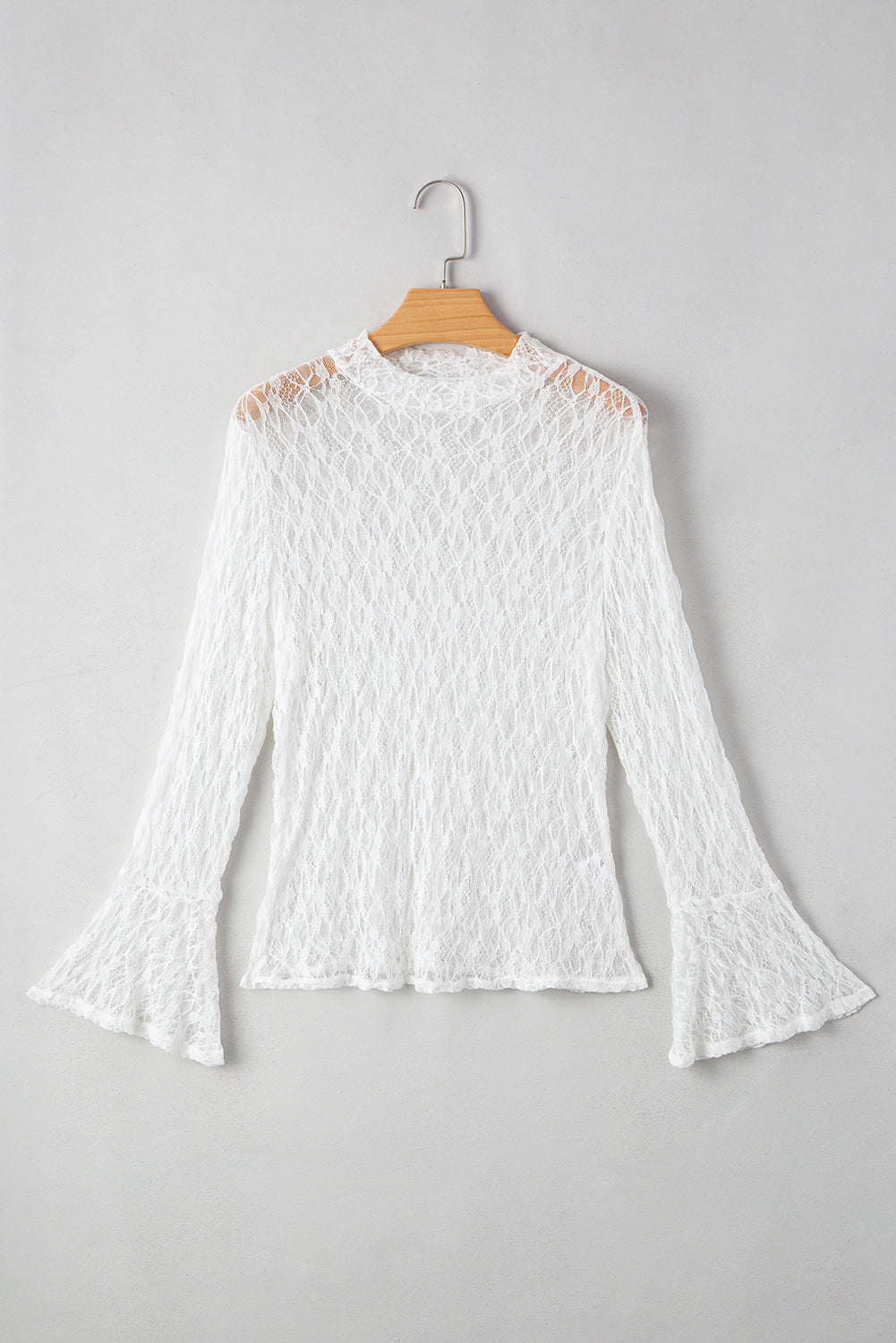 White Sheer Lace Bell Sleeve Mock Neck Blouse