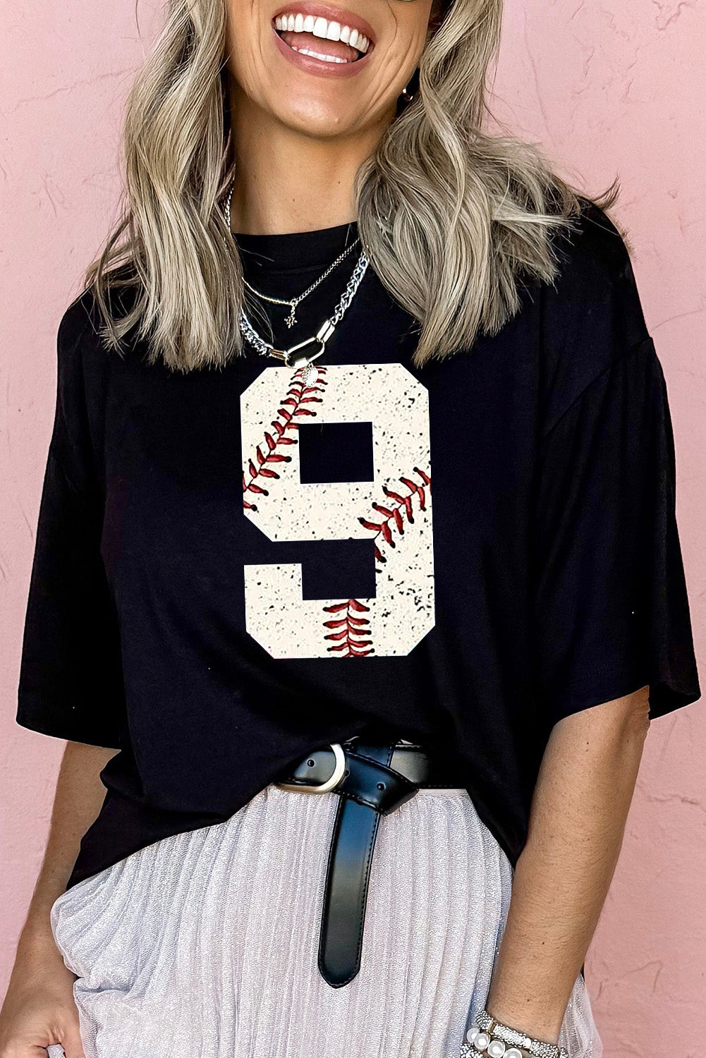 Black Game Day Number 9 Baseball Pattern Oversize Tee