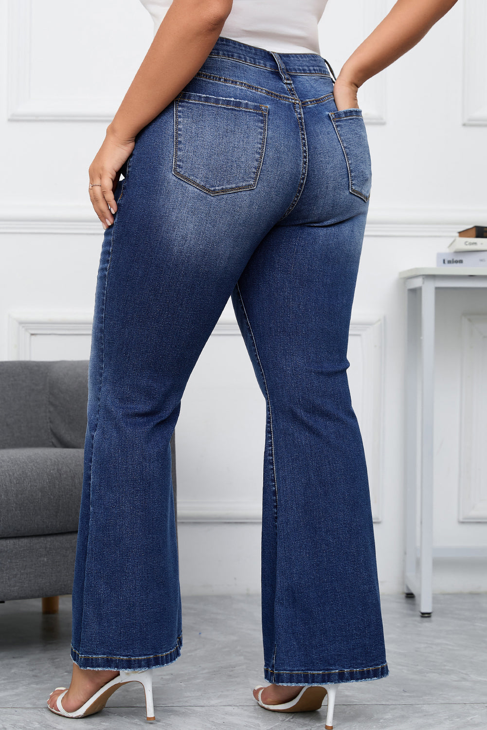Aila Dark Blue Plus Size Stitching Flare Jeans-1