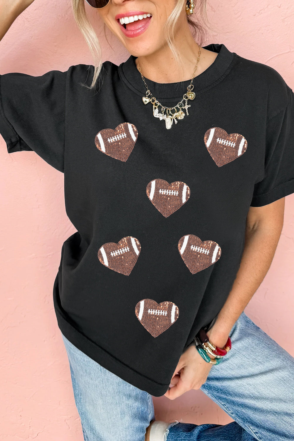 Black Football Sequin Heart Patched Graphic Tee
