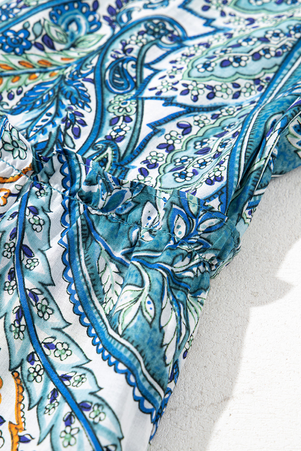 Blue Bohemian Paisley Floral V Neck Puff Sleeve Mini Dress