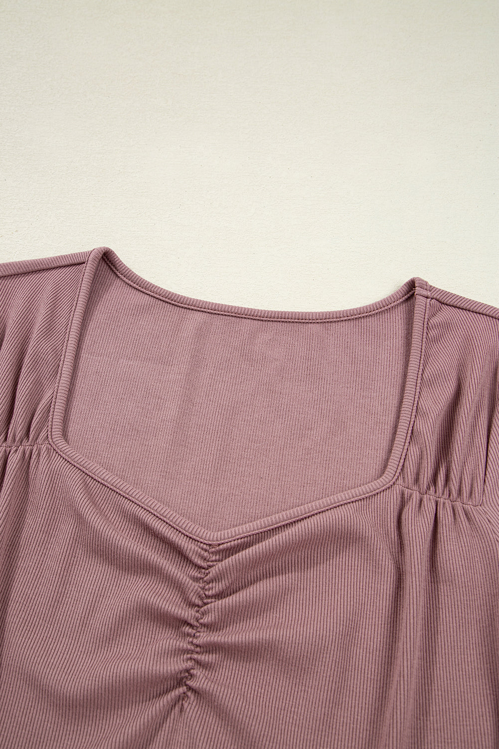 Old Rose Ruched Sweetheart Neck Ribbed Long Sleeve Top