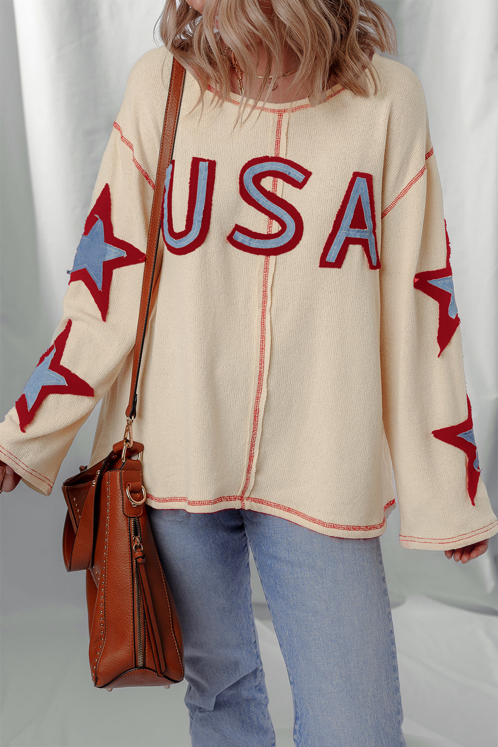 USA Patchwork Exposed Seam Long Sleeve Top-0