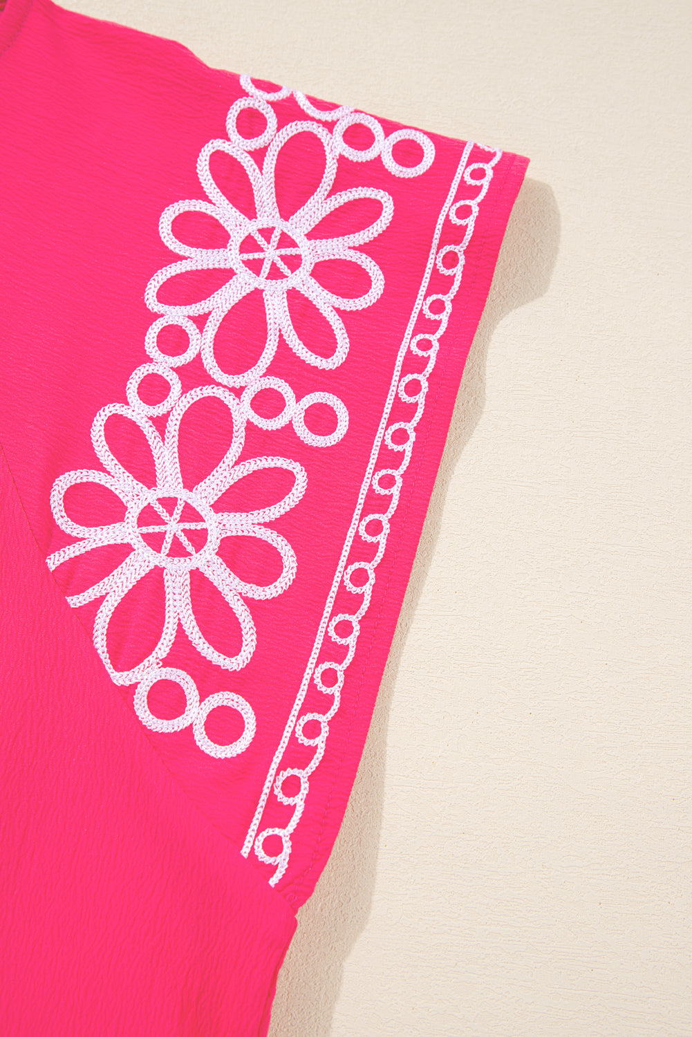 Strawberry Pink Floral Embroidered Flutter Sleeve Pleated Plus Size Blouse