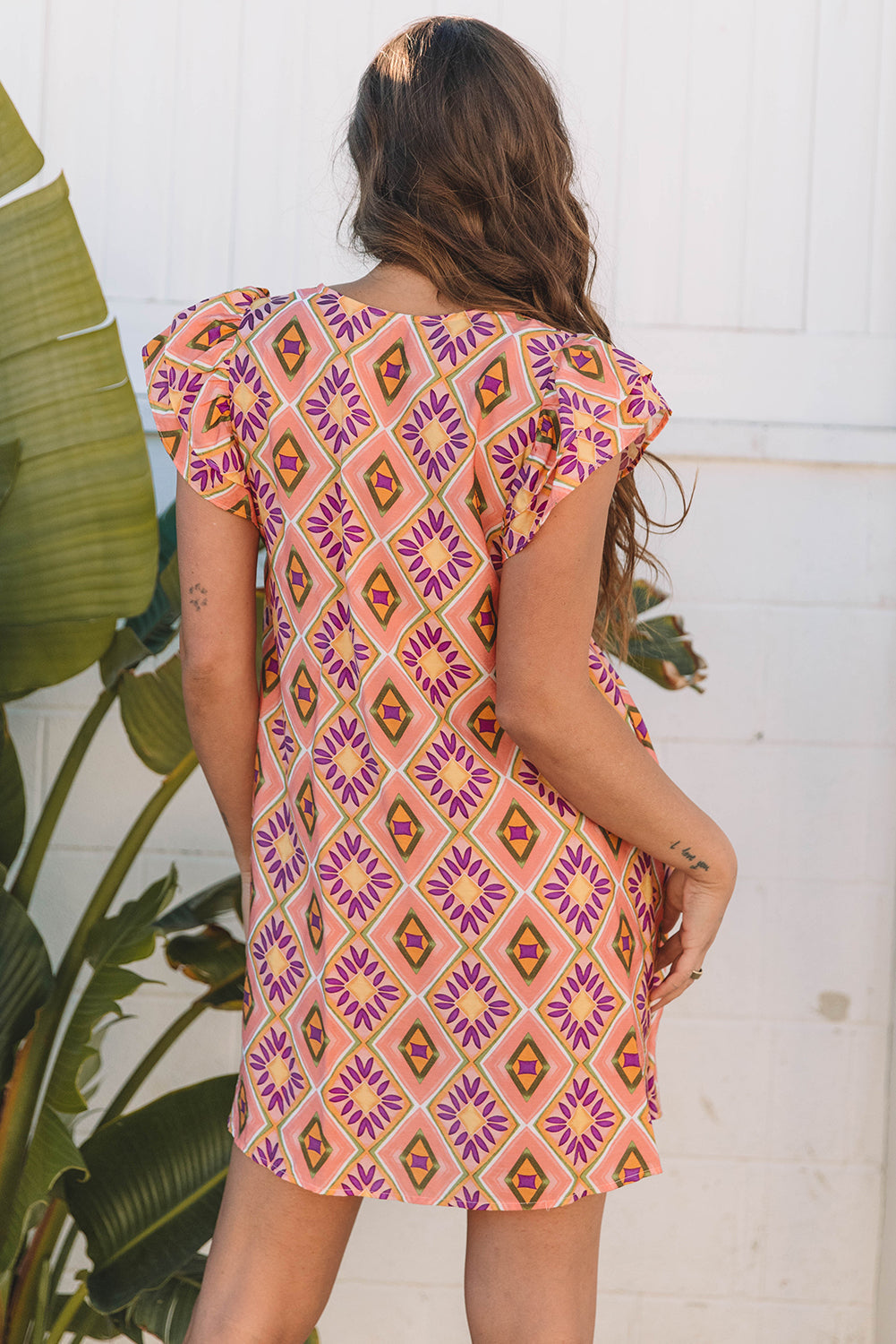 Alexandria Floral V Neck Buttoned Ruffled Sleeve Mini Dress-1