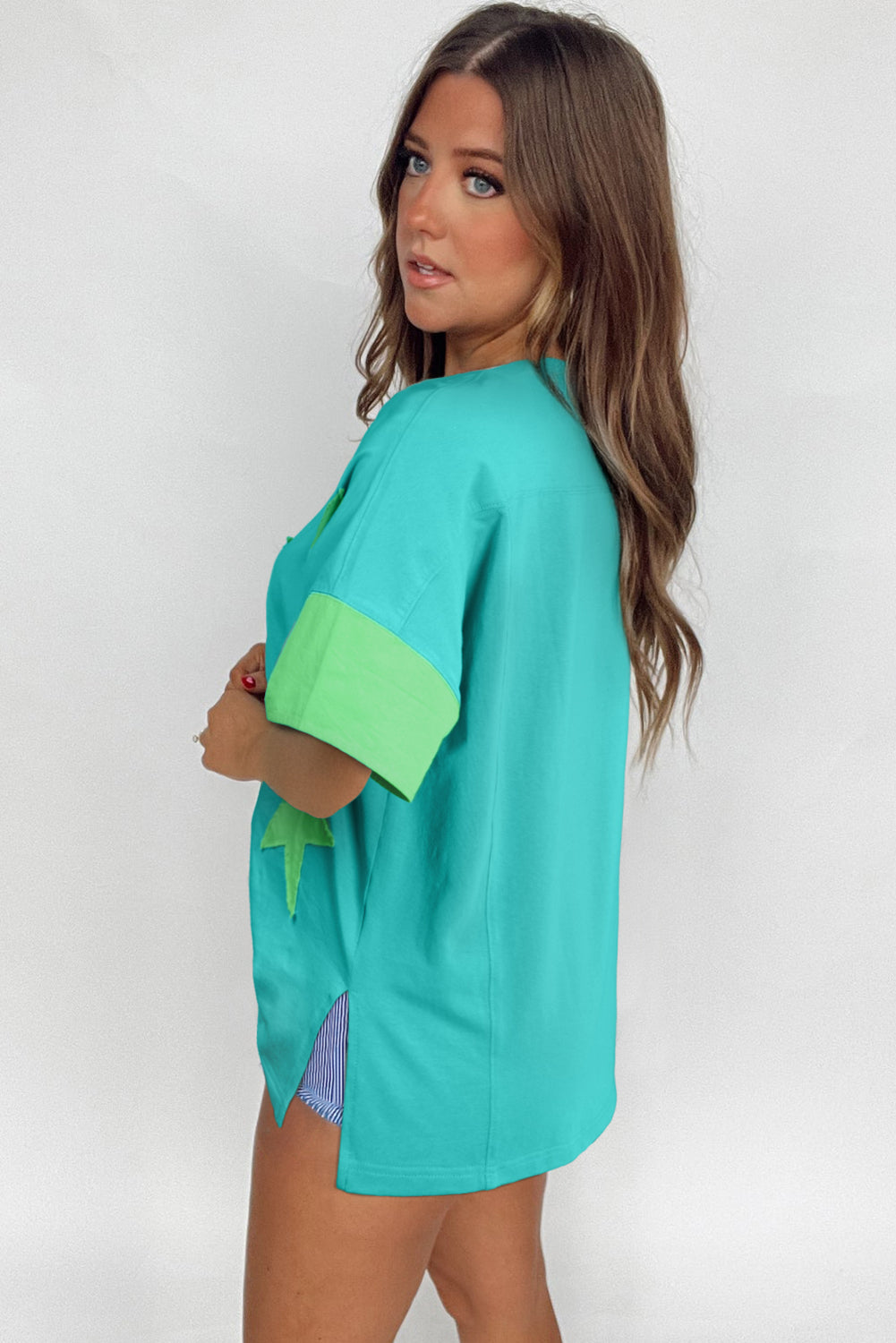 Aruba Blue Frayed Star Patched 4th of July Oversize T Shirt