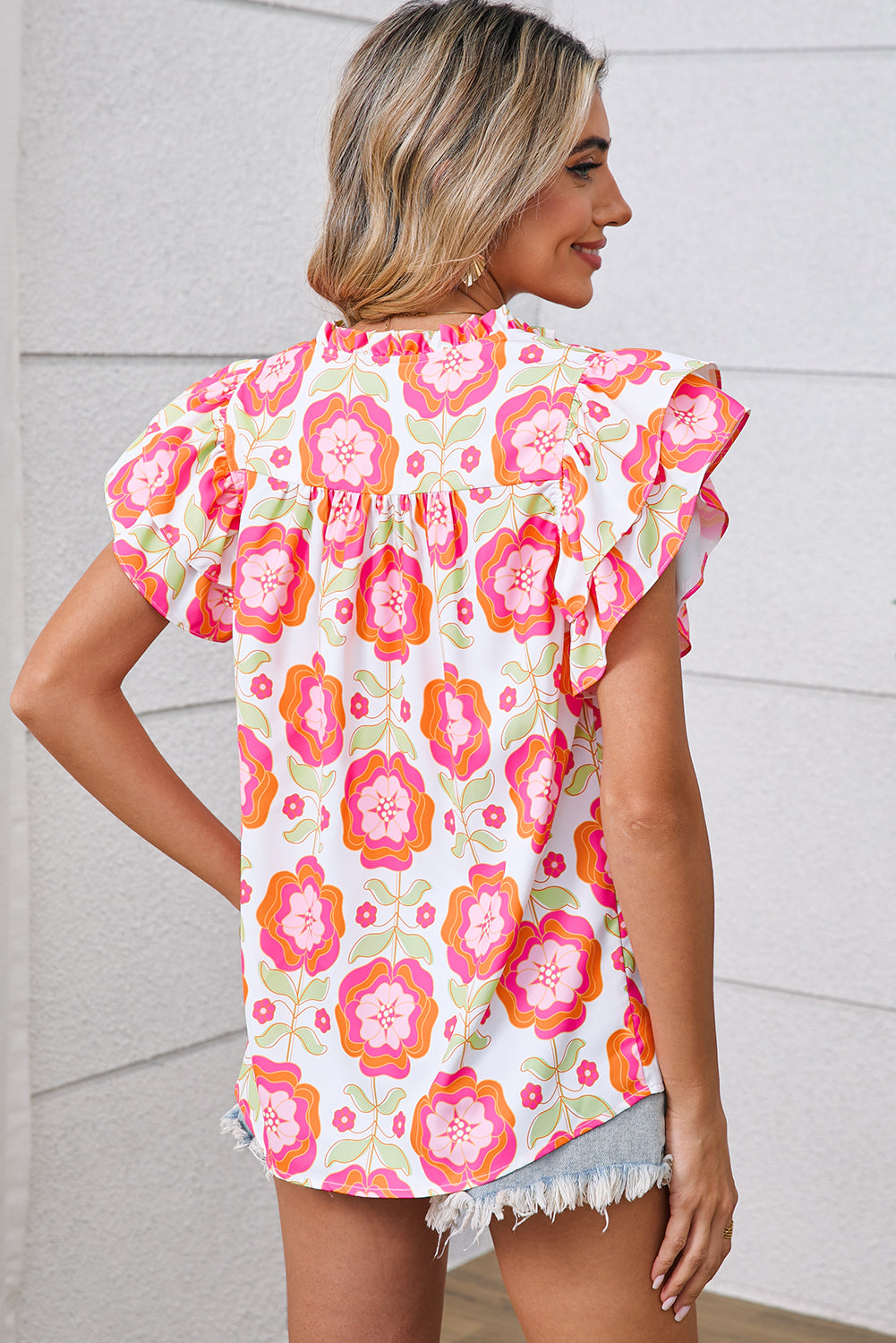 Rose Boho Floral Print Ricrac Ruffle Sleeve Blouse