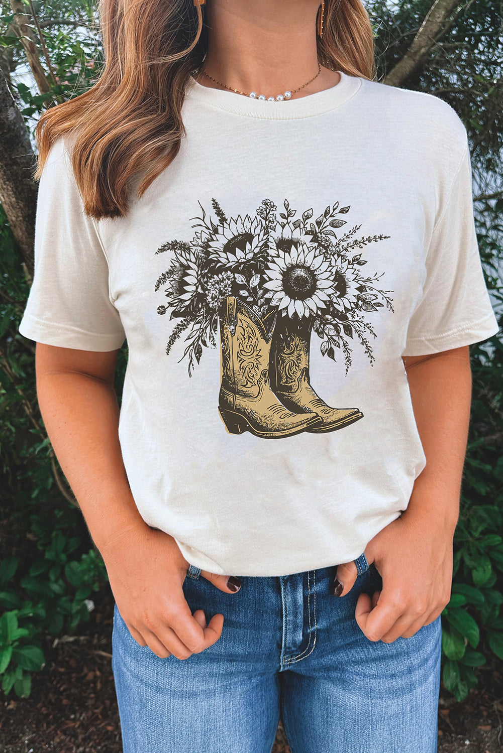 White Sunflower Boots Cotton Blend Graphic Tee